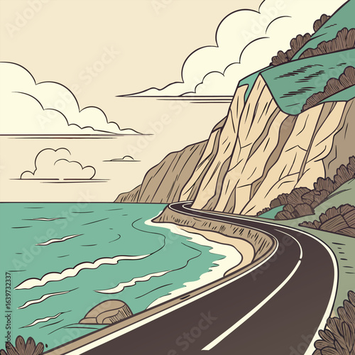  A smooth asphalt road running along a turquoise ocean with gentle waves and rocky cliffs