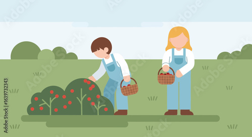 Harvesting together: A Flat Illustration of Farmworkers Picking Berries