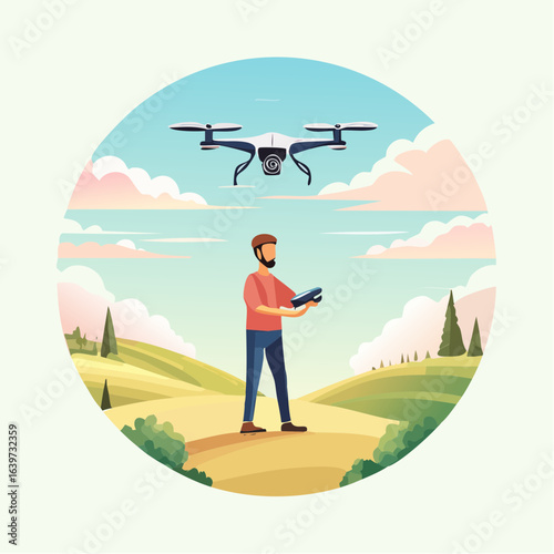 Man operating a drone over a scenic landscape, capturing aerial footage.