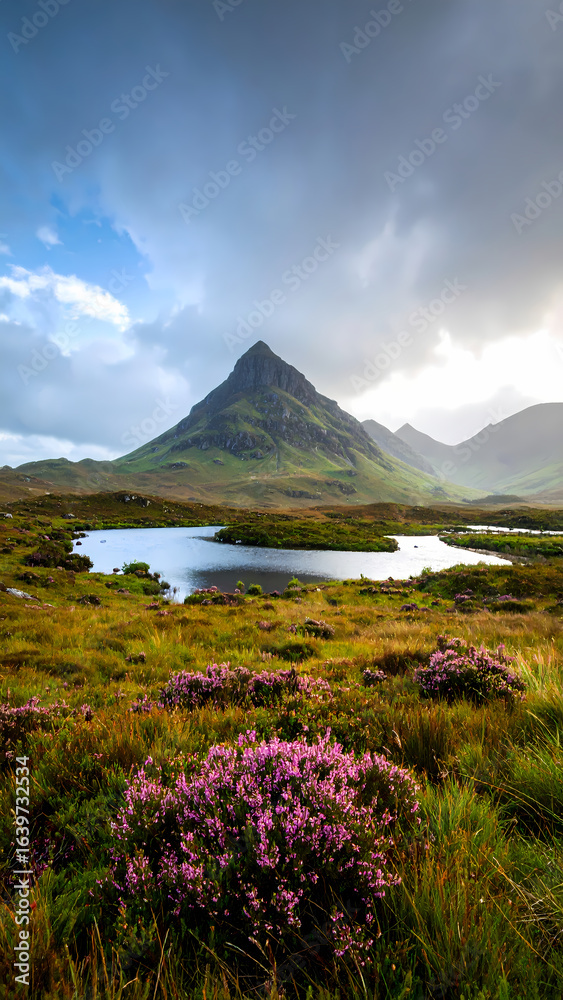 Fototapeta premium Dramatic wild mountain landscape in Scotland highland featuring tranquil loch and purple heather. peak stands tall under moody sky showing beautiful nature