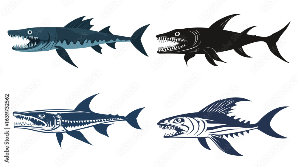 Fototapeta premium A fierce silhouette of a barracuda swimming with sleek, elongated body and sharp features, capturing the predatory grace of this powerful ocean fish, ideal for marine life themes, fishing designs, 
