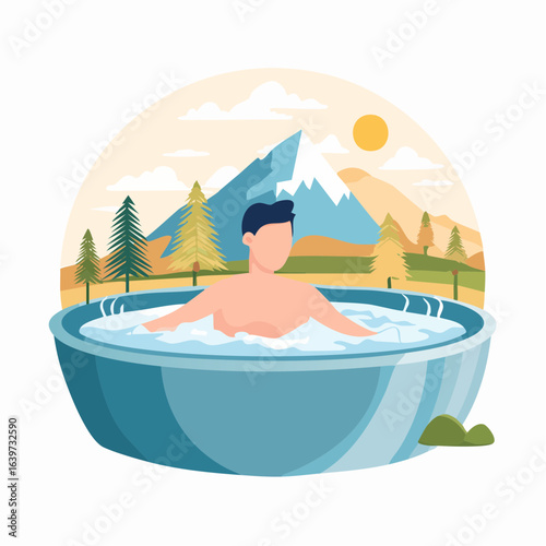 Man relaxes in a hot tub, enjoying a scenic mountain view.
