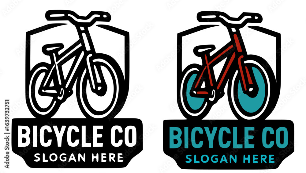 Fototapeta premium Two vintage-style bicycle logos, one black and white, the other with teal and red accents, both featuring a bicycle within a shield-shaped emblem.