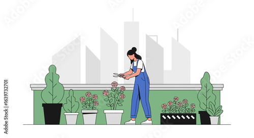 Woman tending rooftop garden amidst city skyline vector illustration