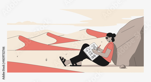 Young woman sketching in the desert landscape near a rock, minimalist style