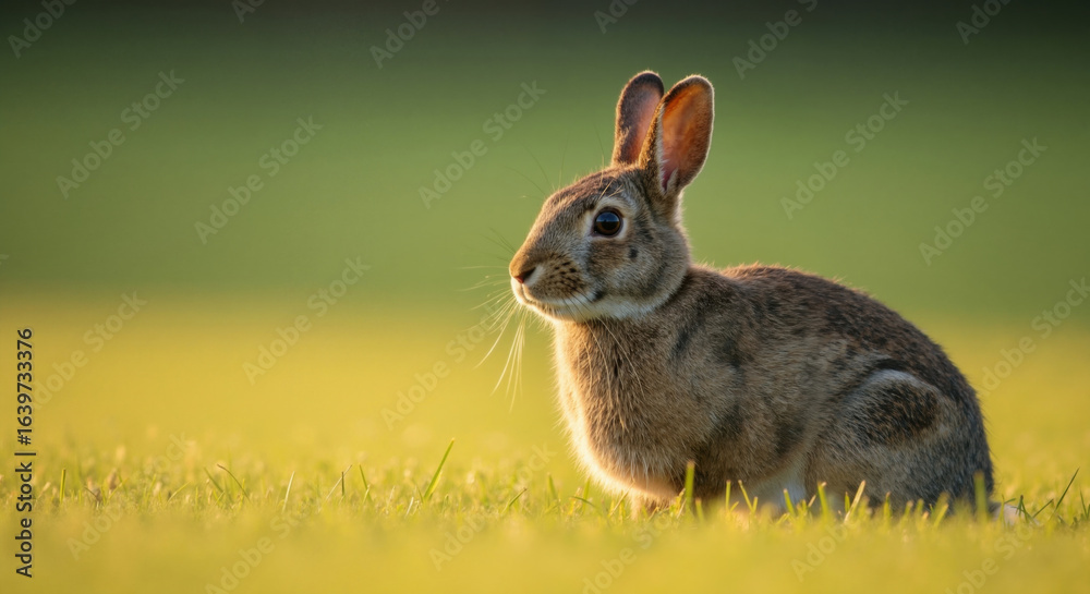 Fototapeta premium Wild rabbit sitting in green grass field during golden hour sunset. Small mammal wildlife in natural meadow habitat for nature education and wildlife observation
