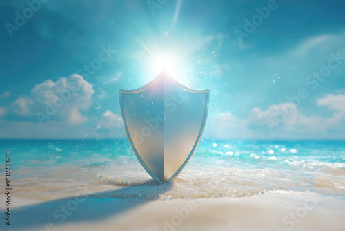 Protected shield from the sun's rays - background for product. Force field prevents the penetration of sunlight. Degrees of protection against UV rays