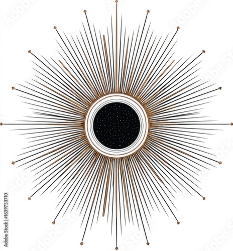 A sunburst design with a dark center.  A circular frame of radiating lines, in shades of gray and bronze, forms a sunburst pattern, t