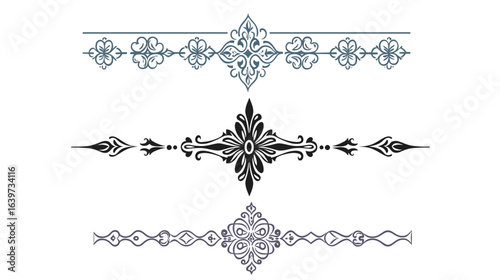 A luxurious ornamental divider line featuring intricate decorative patterns and elegant flourishes, designed to enhance visual appeal and sophistication in graphic layouts, invitations, certificates, 