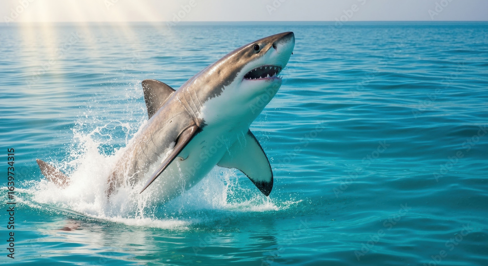 Naklejka premium Great white shark breaching ocean surface with open jaws showing teeth. Powerful marine predator jumping from blue water for wildlife documentary content
