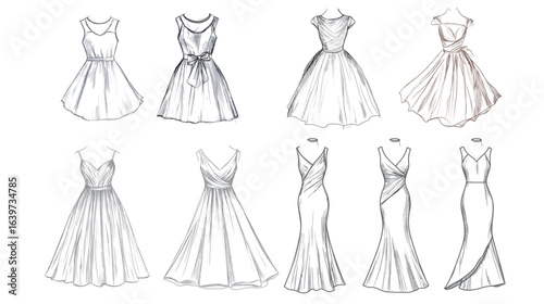 A detailed pencil sketch vector of the exact same dress design, showcasing fine hand-drawn lines and delicate shading to capture the fabric texture and dress silhouette, ideal for fashion illustration
