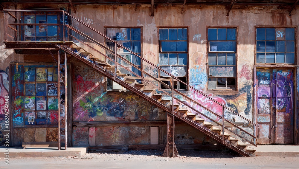 Graffiti Covered Rusty Metal Stairs Of An Abandoned Industrial Building Graffiti Covered Rusty Metal Stairs Of An Abandoned Industrial Building