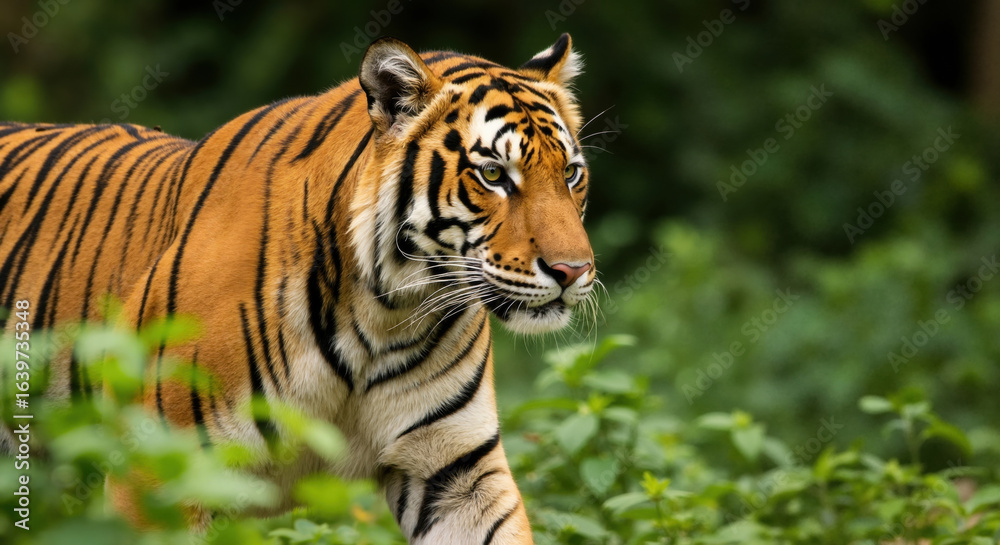 Fototapeta premium Tiger walking through green jungle vegetation with orange striped fur pattern. Solitary big cat predator moving through dense forest habitat for wildlife conservation awareness
