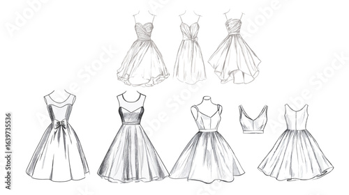 A detailed pencil sketch vector of the exact same dress design, showcasing fine hand-drawn lines and delicate shading to capture the fabric texture and dress silhouette, ideal for fashion illustration