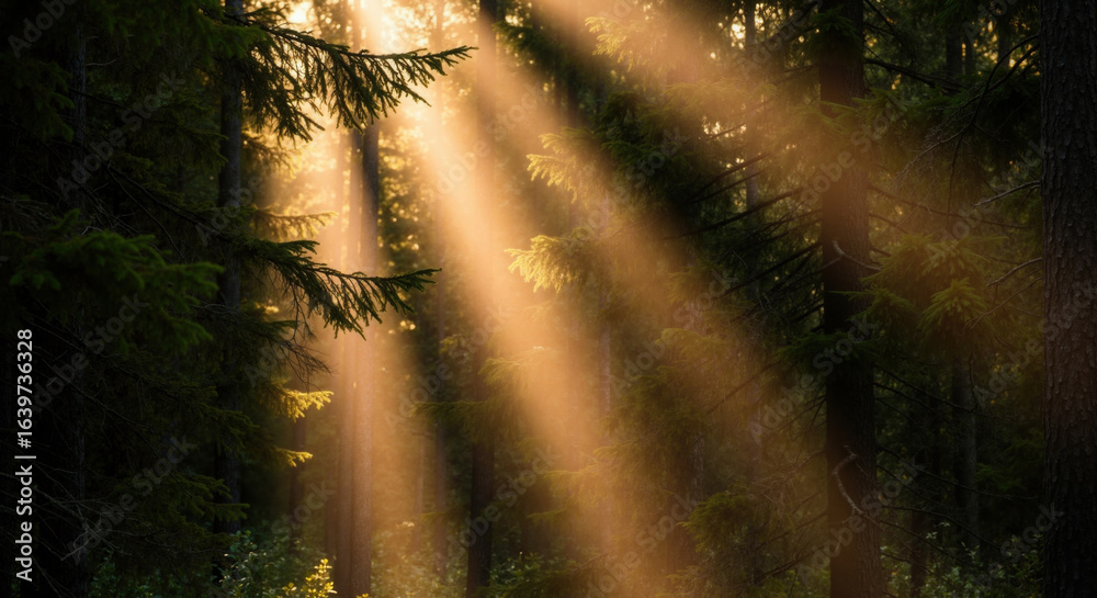 Obraz premium Golden sunbeams streaming through dense forest creating dramatic light rays between evergreen trees. Atmospheric illumination filtering through coniferous woodland fog