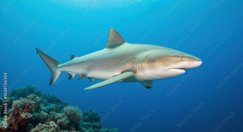 Naklejka premium Reef shark swimming underwater near coral formations with sleek body and fins. Marine predator for diving and ocean conservation themes