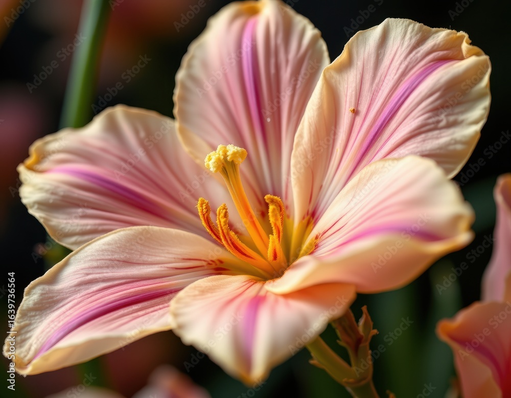 Fototapeta premium Close up of a beautiful pink lily flower blooming in a garden with delicate petals and vibrant spring colors.