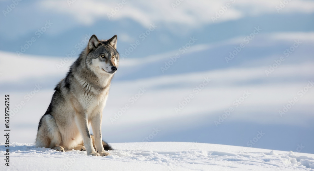 Fototapeta premium Wolf sitting alert in snowy landscape with mountains background during winter season. Wild predator for wildlife conservation and arctic ecosystem themes