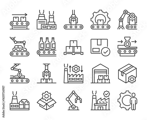 Factory icons. Factory building and Production line icon set. Editable Stroke.