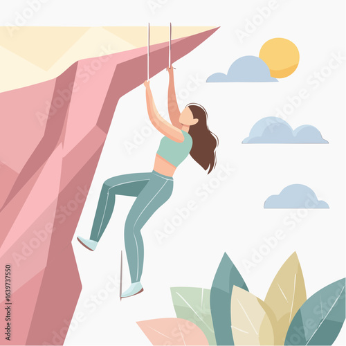 Vector Flat Minimalis Climbing Woman Ascending Cliff Face with Determination