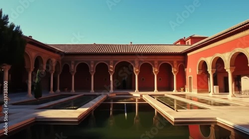 Tranquil Courtyard: Serene Architectural Garden with Reflective Pools and Warm Sunlight