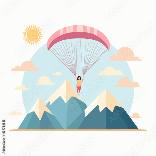 Paragliding adventure over mountains, a Vector Flat Minimalis design for extreme sports concept.