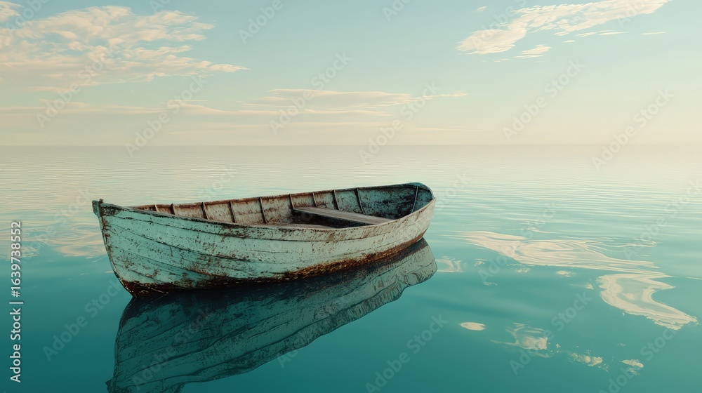 Naklejka premium Tranquil, weathered boat on still, placid water.