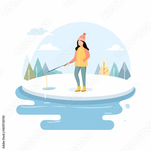 Winter Fishing Trip Woman Ice Fishing