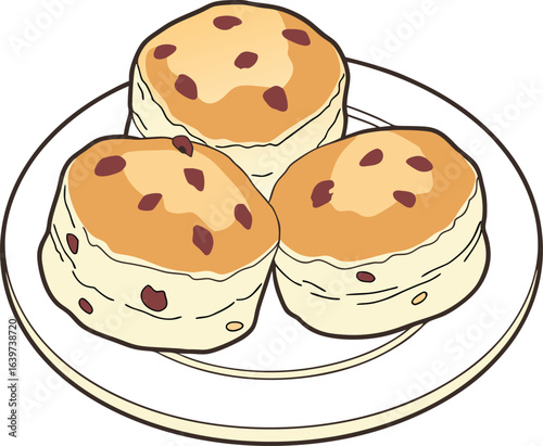 Three Cartoon Scones with Raisins on a Plate: Vector Illustration.