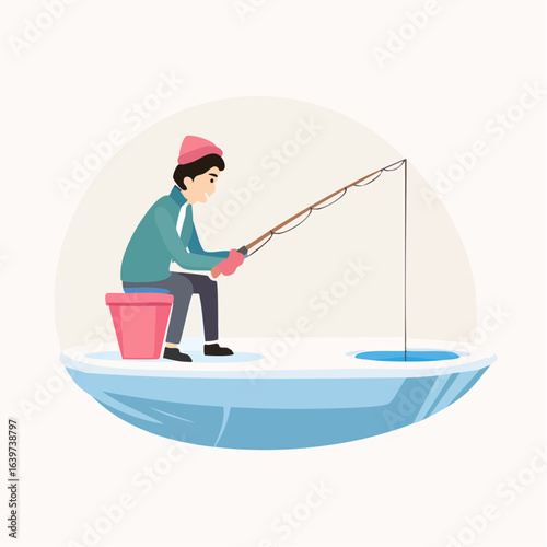 Man ice fishing on a frozen lake in winter. Vector Flat Minimalis illustration of a hobby. Vector Flat.