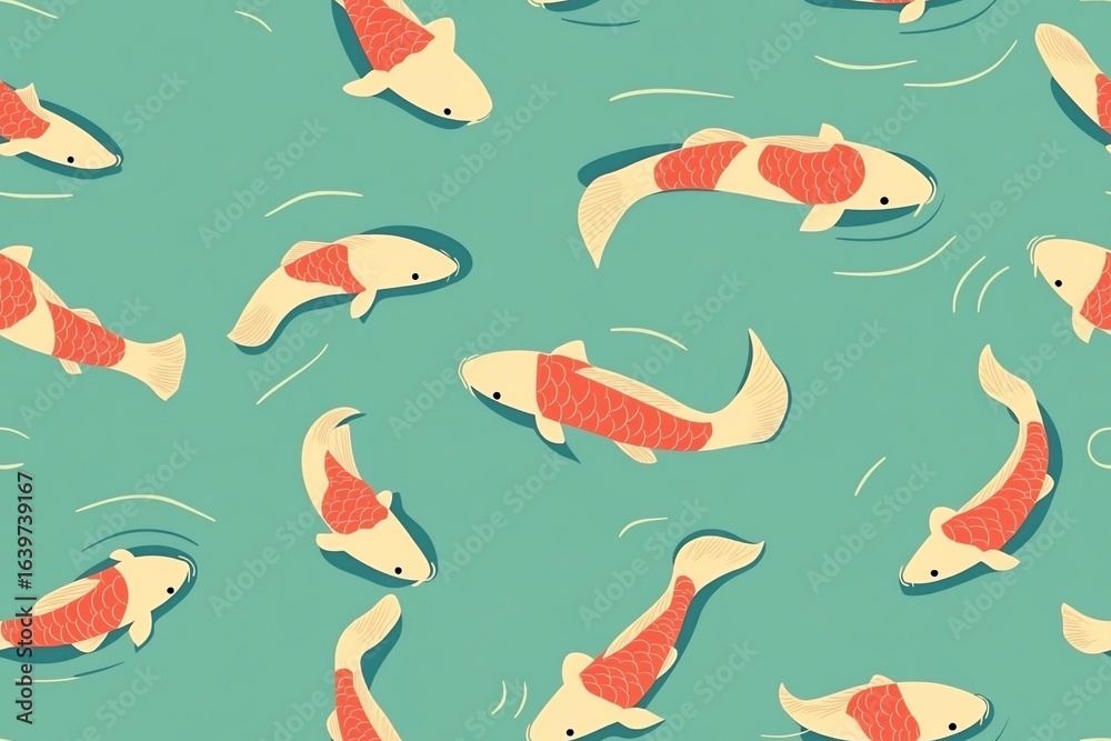 Fototapeta premium Cartoonish depiction of multiple carp with cream/red bodies in a teal-colored water background