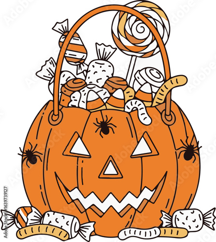 Halloween pumpkin basket with candy and spiders, a festive illustration