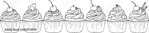 Black and white line art illustration of cupcakes with frosting and fruit toppings