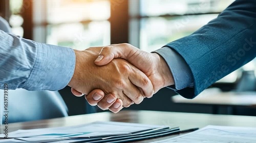 Business Professionals Shaking Hands in Modern Office Setting