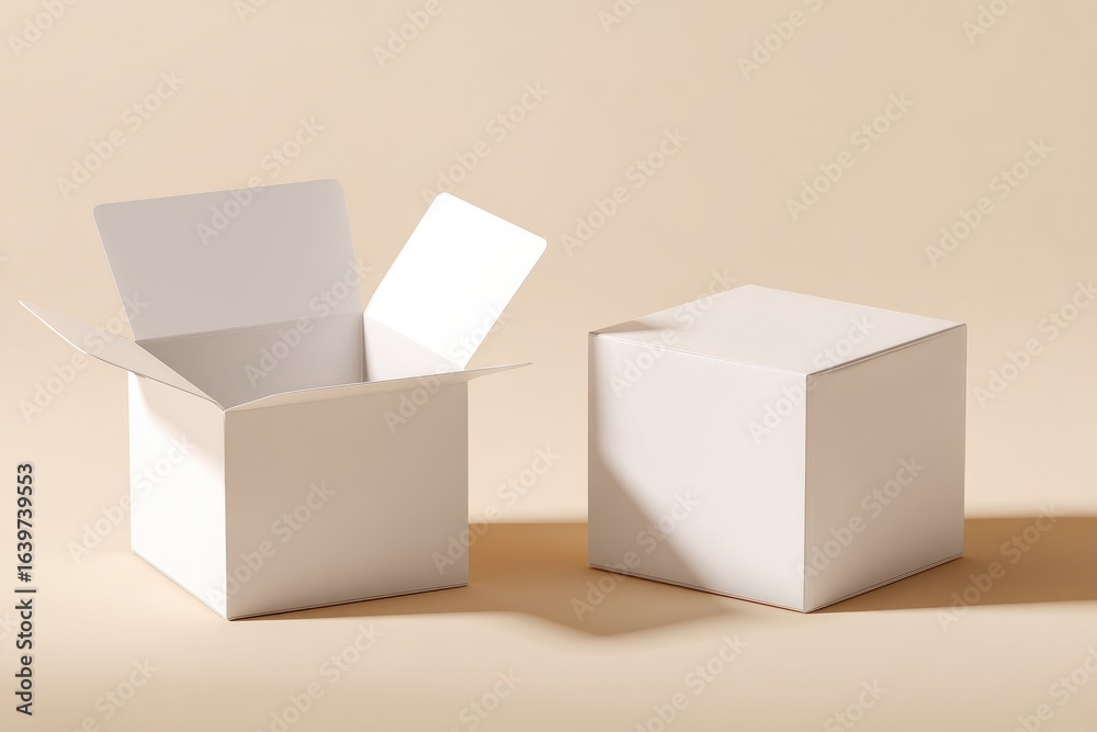 Fototapeta premium Two open and closed white cardboard boxes on a beige background