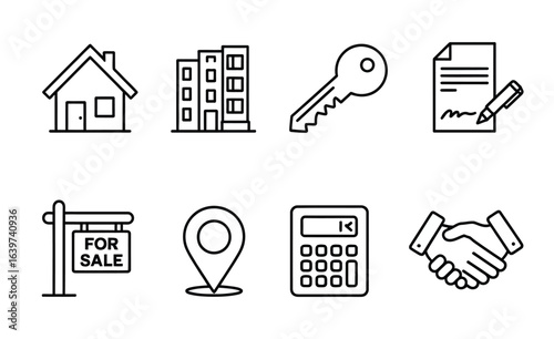 UntitledVector art of line art icons representing real estate concepts, including a house, apartment building, key, contract, for sale sign, location pin, calculator, and handshake, isolated on white 