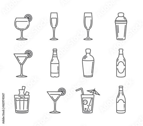 UntitledVector art of line art illustration of various alcoholic beverages, including cocktails, wine, and spirits, isolated on white background, perfect for menu design, bar promotion, or recipe illu