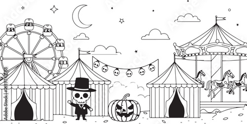 Halloween fairground with big wheel, carousel, skeleton, pumpkin and skull bunting. Vector illustration