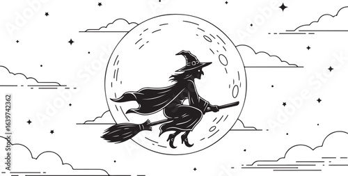 Witch flying on broom in moonlight night Halloween vector illustration