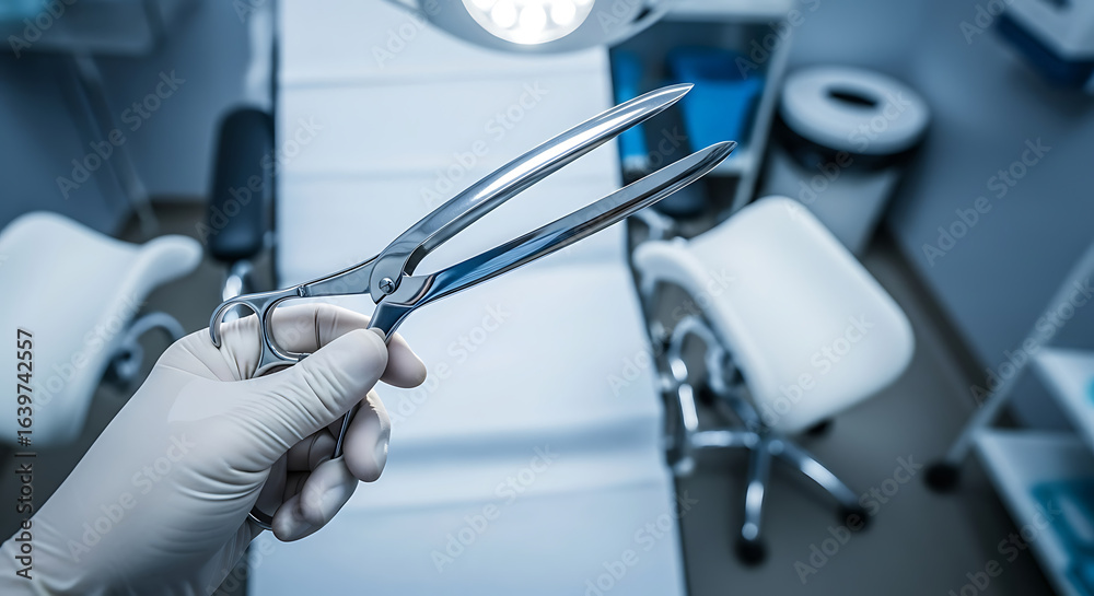 Obraz premium Gynecological examination concept with a doctor's hand holding a metal speculum in a modern clinic.
