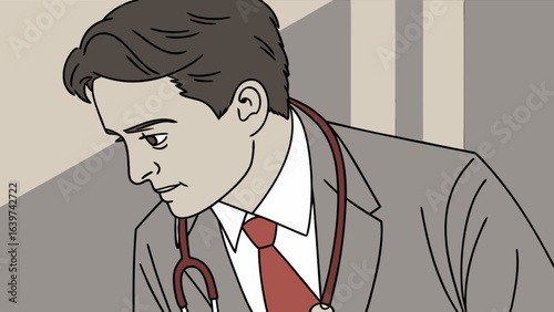 Close up view of a doctor in a suit with a stethoscope looking down in a cartoon style illustration
