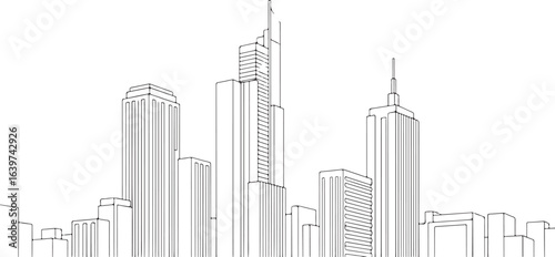 Black and white cityscape illustration of modern architecture, skyscrapers and building outlines
