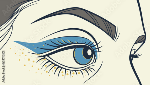 Close up illustration of a woman's eye with blue eyeshadow and gold glitter detail around the eye
