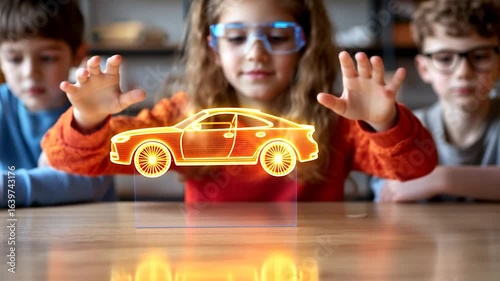 Young Girl Wearing Protective Glasses Interacting with Virtual Hologram in Science Classroom