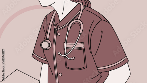 Illustration of a healthcare worker in uniform with a stethoscope around their neck and in a soft color palette