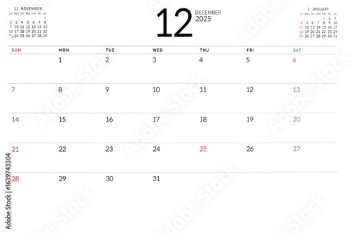 December 2025 calendar with white background, new plans for 2025