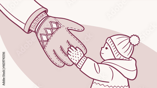 Illustration of a child reaching for a large gloved hand in a heartwarming winter scene depiction