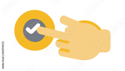 Hand pressing a button with a check mark inside a gray circle and a yellow border design element