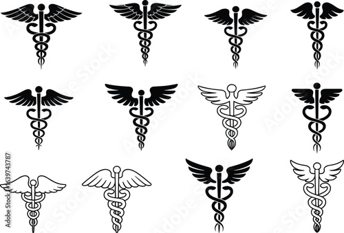 Caduceus medical symbols, healthcare icons, black and white vector illustrations, medicine signs, winged staff, health care, isolated on white background.