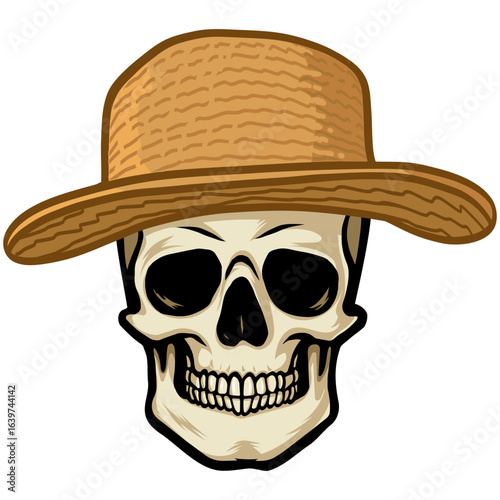 Skull Wearing Straw Hat Illustration Vector